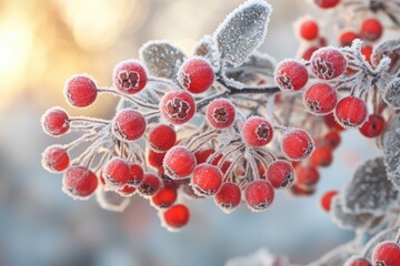 Branch of vibrant red berries covered in frost on a sunny winter day. Rowan berries in the frost