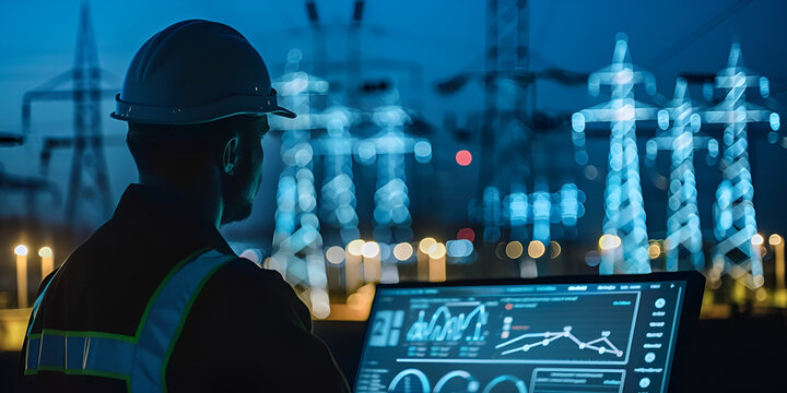 Engineer Monitoring Power Grid Operations, Nighttime View of Electrical Power Management