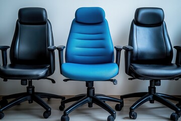 Obraz premium Blue office chair standing out from the crowd of black office chairs