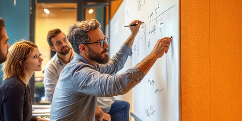 Mortar Meeting: A team of builders gathered around a whiteboard, discussing construction strategies - Powered by Adobe