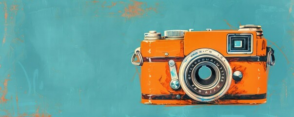 A vibrant orange vintage camera against a textured teal background, perfect for photography enthusiasts and retro design lovers.