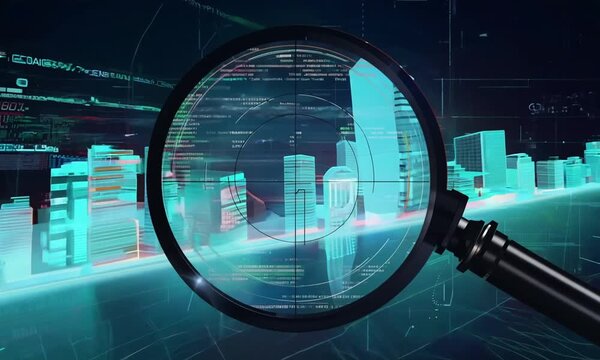 A giant magnifying glass hovers over a glowing, futuristic city made of neon blue and green data streams
