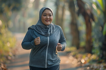 Obraz premium indonesian female jogging, hijab women running, morning run asian woman