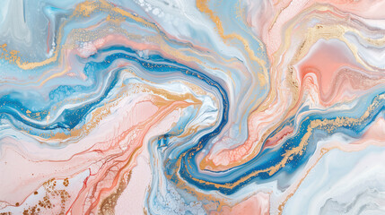 Elegant marble ink texture background with swirls of blue, pink, and gold