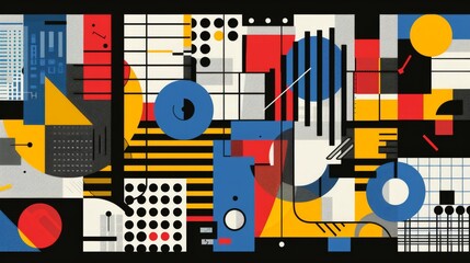 Obraz premium Abstract Bauhaus geometric pattern featuring bold shapes and primary colors. Clean, minimalist design. Vector art
