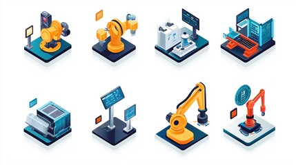 Isometric Icon Set of Industry 4.0 Technologies in Smart Manufacturing Plant
