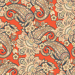 Paisley vector seamless pattern. Fantastic flower, leaves. Batik style painting. Vintage background
