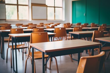 Classroom interior vintage wooden lecture wooden chairs and desks. Back to school concept in high school.