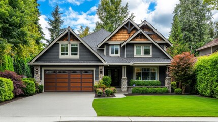 Obraz premium Beautiful, modern suburban house with lush landscaping.
