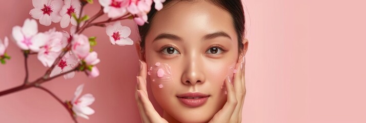 Naklejka premium Asian female promoting new skincare product