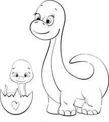 Vector dinosaurs mom and baby diplodocus. Clipart for baby shower, nursery, decor, stickers, prints with historical animals. Black line silhouette for cricut