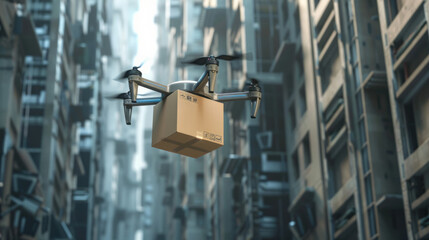 Drone flies and carries a cardboard box. Transportation of cargo ships of the future. City parcel delivery