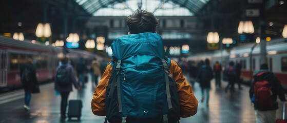 Fototapeta premium Young man with a backpack waiting at an airport.