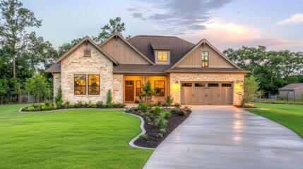 Fototapeta premium Modern suburban house with well-maintained front yard.