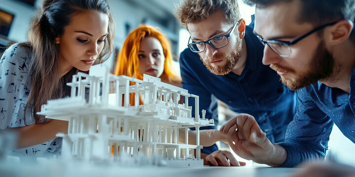 Concrete Collaboration: A team of engineers and architects brainstorming ideas while examining a 3D model of a proposed structure