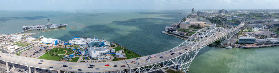panoramic aerial landscape view around Corpus Christi Bay and Nueces Bay with Nueces Bay Causeway,...
