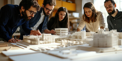 Concrete Collaboration: A team of engineers and architects brainstorming ideas while examining a 3D model of a proposed structure