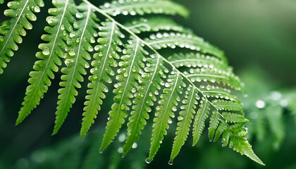 Fototapeta premium Fern leaf with water drops close-up; green leaves in rainy weather