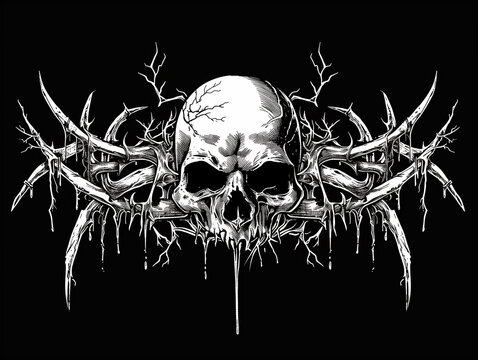 skull death metal band logo style. White foreground, black background.