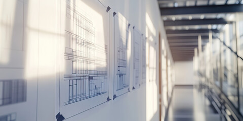 Obraz premium Precise Plans on Display: Blueprints hanging on a whitewall, showing a modern minimalist building