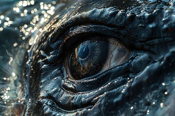 A close-up of a Megalodon's eye, showing its predatory gaze and the reflection of the ocean in its large, dark iris