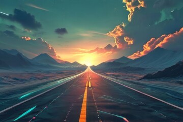 driving on the highway at sunset