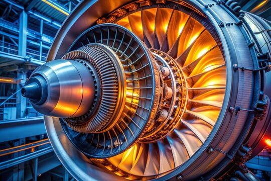Illuminated jet engine's internal components, showcasing complex arrangement of compressor blades, turbine, and combustion chamber, highlighting the intricacies of aircraft propulsion mechanism.
