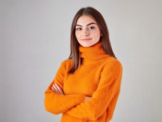 Studio portrait of a young happy woman looking to the camera, light grey background, wearing a turtle neck