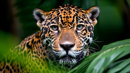 Obraz premium A close-up of a majestic jaguar hiding among lush green foliage, showcasing its striking coat and captivating gaze.