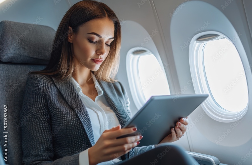 Poster a woman in a business suit sits on a plane using a tablet to work with gray seats and a gray backgro