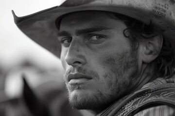 A cowboy at a rodeo, preparing to ride a bucking bronco, with his hat pulled low and a determined expression, surrounded by cheering crowds