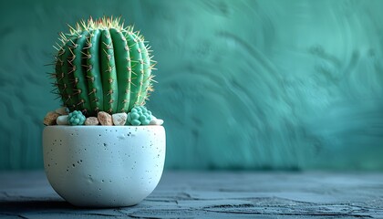A small green cactus in a ceramic pot on a table / floor with green wall background, suitable for copy space image.