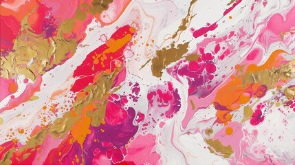 Vibrant marble ink texture background in shades of pink and gold