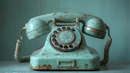 A product photo of green dial phone. ultra-high-definition vision, realism, background soft green. free space for text at a side of the photo. Vintage photo background with a dial phone. Retro theme