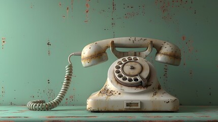 A product photo of white dial phone. ultra-high-definition vision, realism, background soft green. free space for text at a side of the photo. Vintage photo background with a dial phone. Retro theme