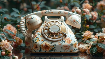 A product photo of floral dial phone in roses blossom background. ultra-high-definition vision, free space for text at a side of the photo. Vintage photo background with a dial phone. Retro theme