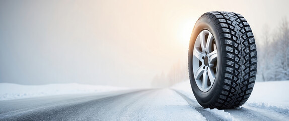 Winter tire standing on snowy roadside with sun shining over foggy landscape