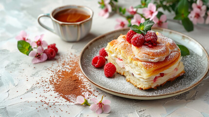 Delicious dessert with raspberries and a cup of tea, beautifully presented on a plate surrounded by flowers.