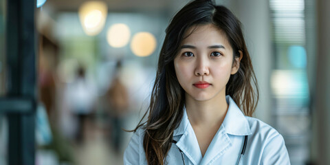 Fototapeta premium A close-up portrait of a female doctor in a healthcare setting, she is wearing a white coat and stethoscope, looking confident and serious.. asian woman