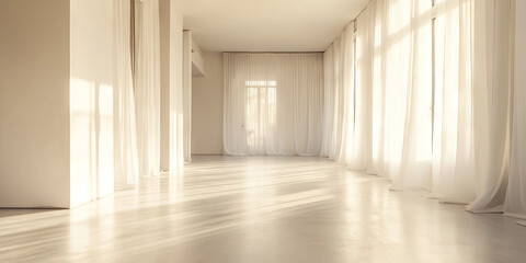 Ethereal Emptiness: A spacious, white-walled room, devoid of any clutter or furniture, illuminated by soft, natural light filtering through sheer curtains.