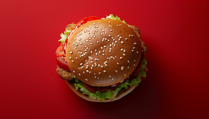 From above hamburger with lettuce and tomato on a red background 