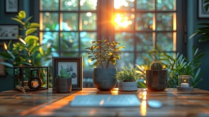 Working table with computer, lamp and plants. 3D rendering. zoom office background