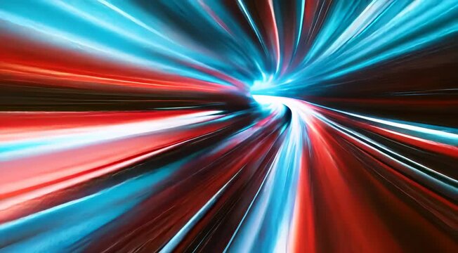 A dynamic, abstract depiction of light trails in motion with a mix of blue and red hues, suggesting speed, movement, and futuristic technology.