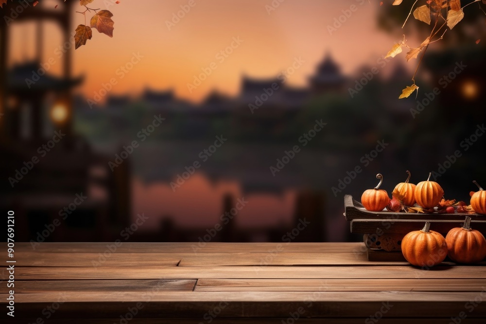 Wall mural empty wooden table outdoors festival pumpkin.