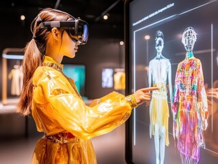 Young Woman Using Augmented Reality Technology to Design Fashion in a Modern Studio Environment