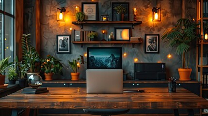 Laptop on a wooden table in a dark room with plants. zoom office background