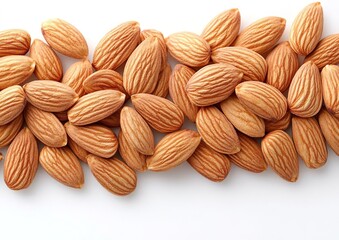 Fototapeta premium Raw Natural Organic Almonds Nuts Scattered Isolated on White Background Top View Healthy Food for Life Natural Light 