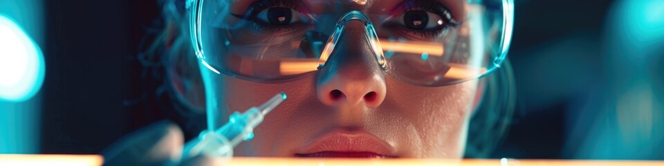 Fototapeta premium Innovative Discovery Close up of a mature female scientist in safety glasses conducting an experiment with a pipette