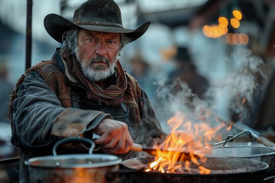 A cowboy in a traditional chuck wagon, cooking a hearty meal for his fellow cowboys, with pots and pans clattering and the smell of campfire cooking