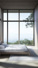 Luxury apartment room interiors with a large window and an elegant bed. Contemporary Real Estate interiors design.